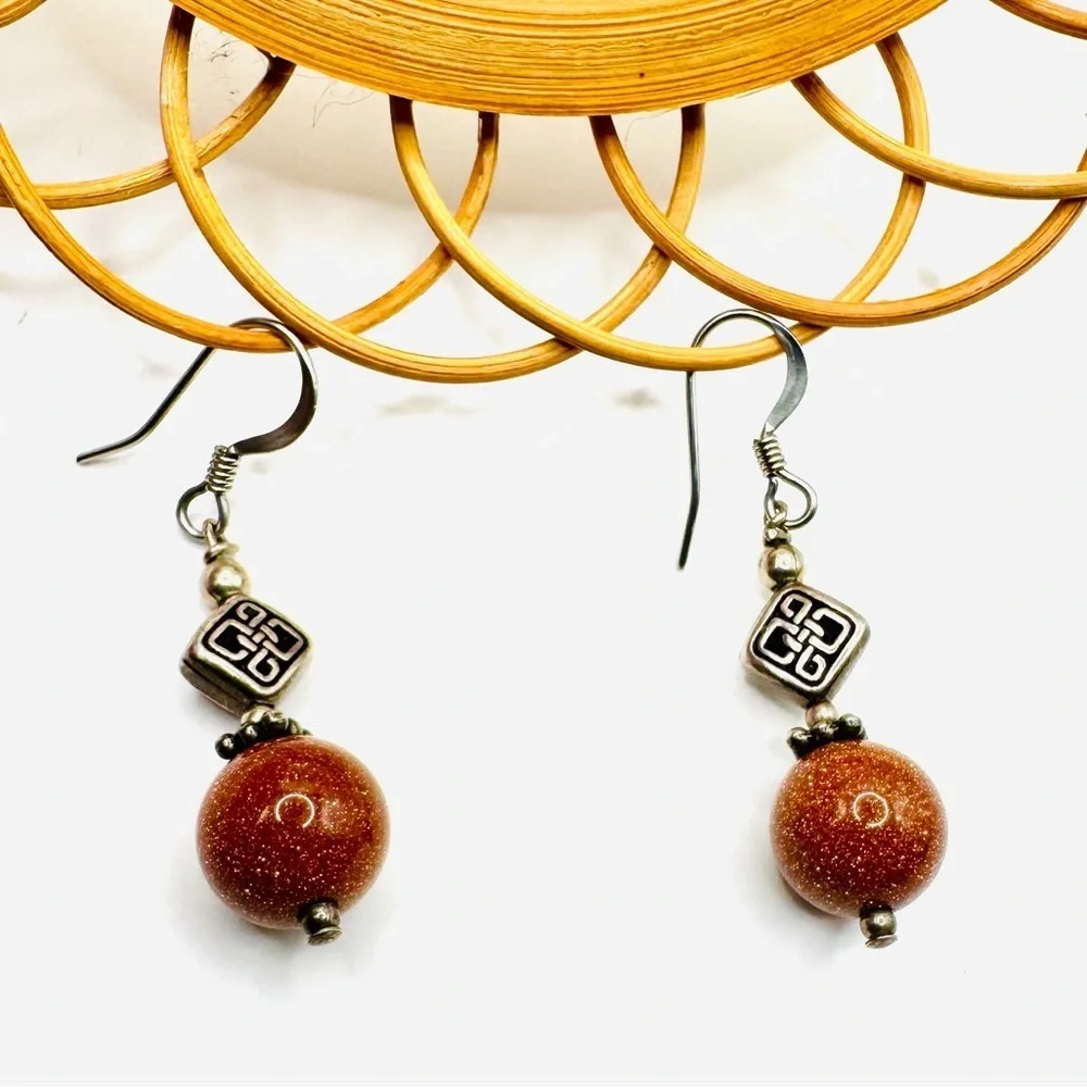 Sunstone Silver Sparkle Dangle Earrings | Celtic Knot Accent Boho Artisan Style